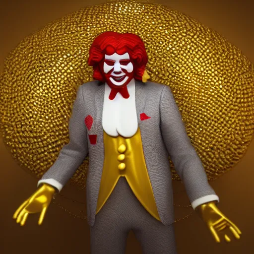 Image similar to a still of ronald mcdonald surrounded by gold and diamonds, award - winning, photograph, 3 d render, unreal engine, 4 k detailed