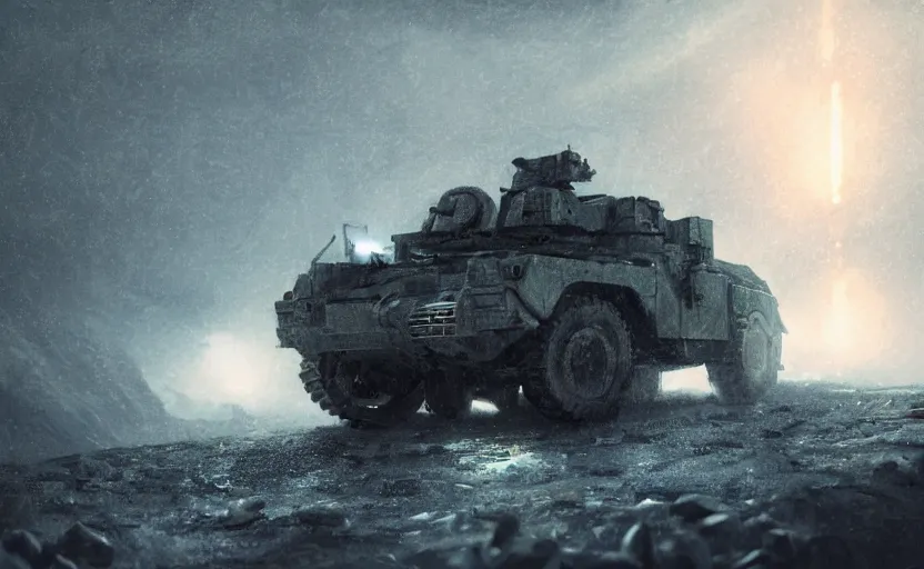 Prompt: a military vehicle in the mountain at night by Paul Chadeisson, blue headlights, dark image, stormy weather, landscape, military outpost, spotlights, atmospheric, artstation, concept art, illustration, sharp focus, high detail, octane render, intimidating