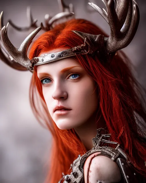 Prompt: 5 5 mm portrait photo of an armored redhead woman with antlers on her head, by luis royo. highly detailed 8 k. intricate. lifelike. soft light. nikon d 8 5 0. cinematic post - processing