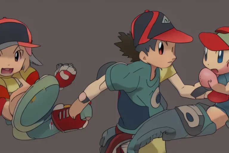 Image similar to render of Ash Misty and Brock from Pokémon, soft lighting