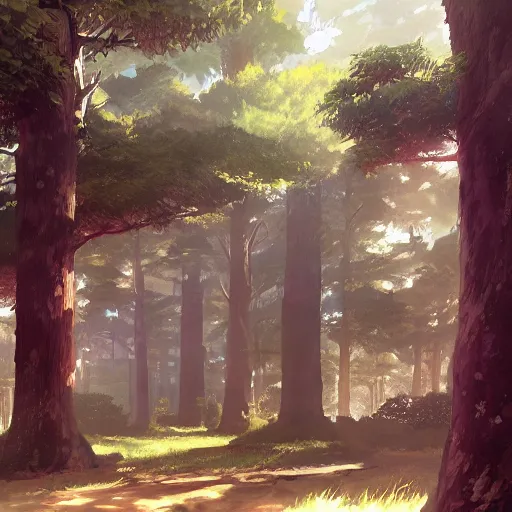 Image similar to concept art painting of trees with doors and windows, walkways between trees, in a deep forest, realistic, detailed, cel shaded, in the style of makoto shinkai and greg rutkowski and james gurney