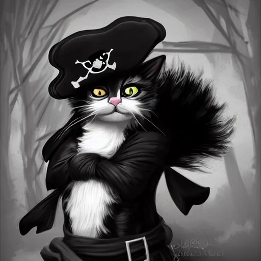 Image similar to black-white cat as a pirate, digital art, artstation,