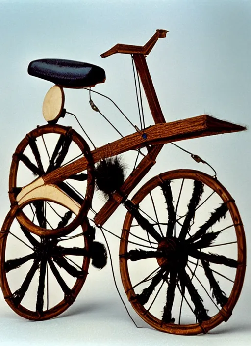 Image similar to realistic photo of a a medieval ritual astronomy appliance bicycle, made of wood white clay and fur with black wires 1 9 9 0, life magazine reportage photo, natural colors, metropolitan museum collection