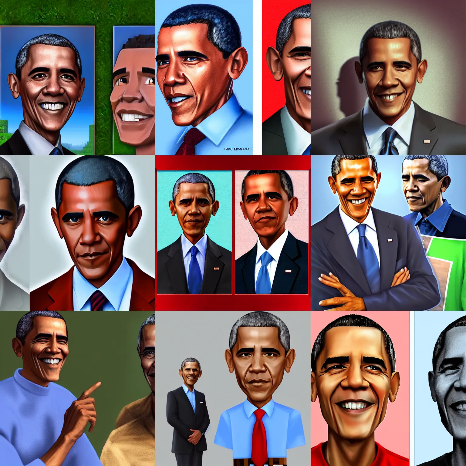 Prompt: Steve (Minecraft) meets photorealistic Barack Obama, digital art, trending on artstation, oil painting
