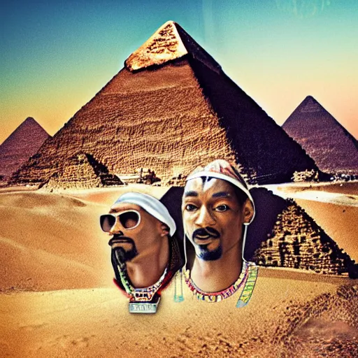 Prompt: pyramid of giza with snoop dogg head