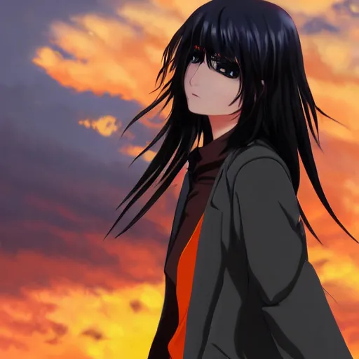 Image similar to 1 7 - year - old anime goth girl, black hair, long bob cut, long bangs, gothic coat, golden hour, partly cloudy sky, red clouds, orange sky, old town, strong lighting, strong shadows, vivid hues, ultra - realistic, sharp details, subsurface scattering, intricate details, hd anime, 2 0 1 9 anime