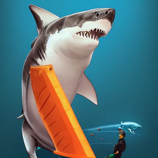 Prompt: great white shark with an orange traffic cone instead of a fin - ron cheng & alphonse mucha, highly detailed, digital painting, ray tracing, concept art, illustration, smooth sharp focus, intricate, symmetry, artstation,