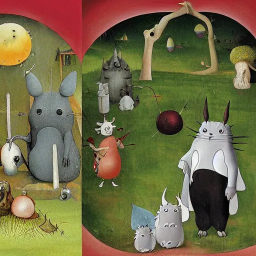 Prompt: detail from garden of earthly delights by studio ghibli. digital painting. totoro. digital render. hieronymus bosch