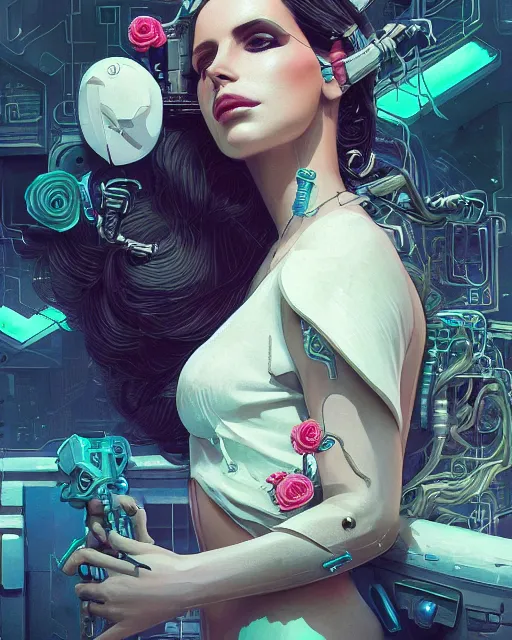 Image similar to portrait of lana del rey as a cyberpunk cyborg. roses, sci - fi, intricate abstract upper body intricate artwork, by tooth wu, wlop, beeple, dan mumford. concept art, octane render, deviantart, greg rutkowski, cinematic arthouse, key art, hyper realism, iridescent accents