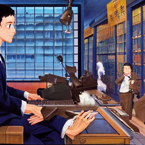 Image similar to anime detective joseph goebbels investigates mark zuckerberg by hasui kawase by richard schmid