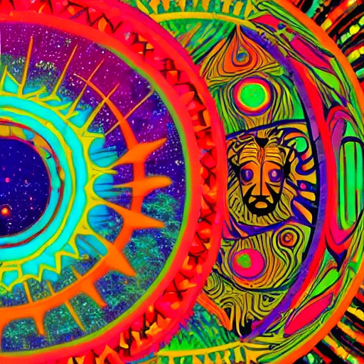 Image similar to Liminal space in outer space, Global Village Coffeehouse aesthetic, colorful, tribal ancient imagery, suns, spirals