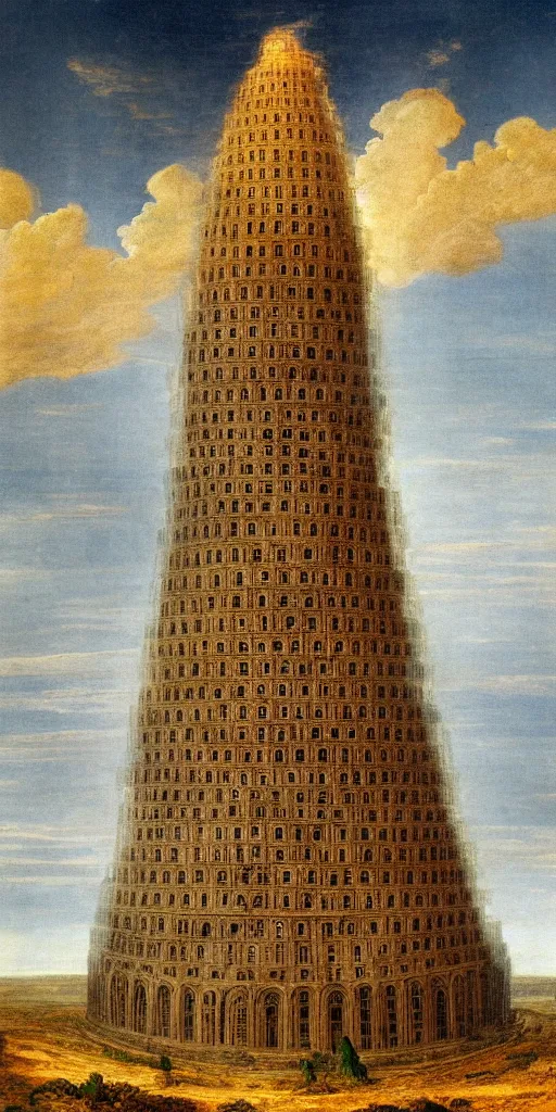 Prompt: the tower of babel made of glass. with the steeple touching the clouds surrounded by the desert.