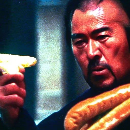 Image similar to scene from Kagemusha, 1980, movie still, cinematic, a man eating a delicious hot dog, epic,