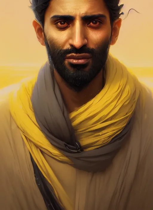 Image similar to highly detailed portrait arab man modern, hero, yellow charcoal, stephen bliss, 8 k, unreal engine, fantasy art by greg rutkowski, loish, rhads, ferdinand knab, makoto shinkai and lois van baarle, ilya kuvshinov, rossdraws, tom bagshaw, global illumination, radiant light, detailed and intricate environment
