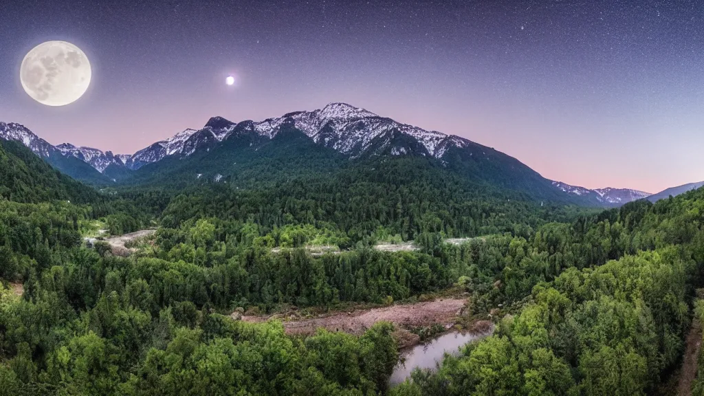 Image similar to Panoramic photo where the mountains are towering over the valley below their peaks shrouded in mist. The moon is just peeking over the horizon and the sky dark purple. The sky is blanketed with shiny stars. The river is winding its way through the valley and the trees are a vivid green