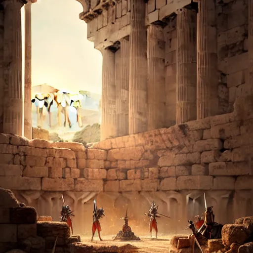 Image similar to An ultrdetailed illustration of a portrait of a female Knights of Zodiac, fighting at ancinet Agora of Athens, ruins, Golden Light, illustration, art by WLOP, greg rutkowski and Daeho Cha, volumetric light, lightrays, smoke, cinematic, intricate, hypermaximalist, super detailed