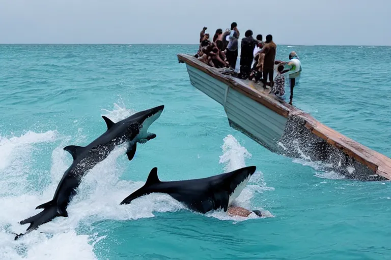 Prompt: sharks pushing people off the boat into the ocean