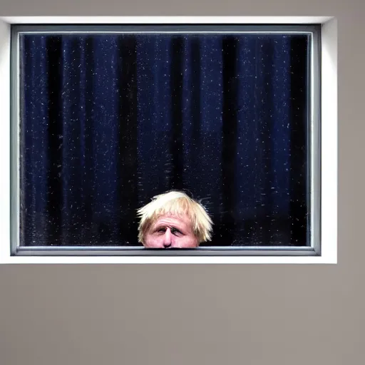 Image similar to photo of dark blue rainy bedroom window at night, dimly lit creepy | screaming face of boris johnson staring in through the window, bloody hands, horror, scary face, demonic face,