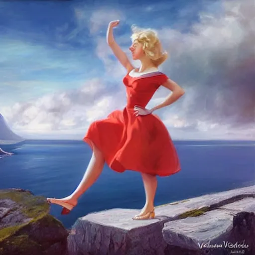 Image similar to 1950s blonde standing on top of Norwegian fjord, norway flag and sky blended, atmospheric, dreamy, painting by Vladimir Volegov