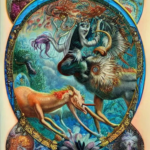 Image similar to strange mythical beasts of whimsy, surreal oil painting by ronny khalil and johfra, drawn by ernst haeckel, as an offering to zeus