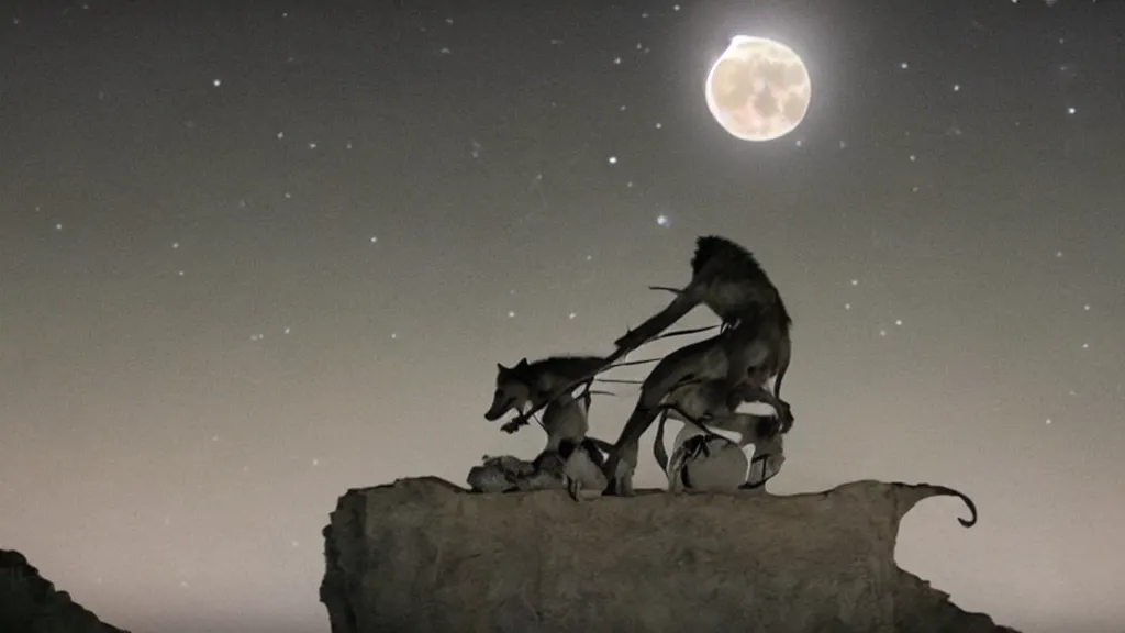Prompt: epic cinematography of a close up of David Bowie riding a ((wolf)) at night, while on top of a large cliff with the full moon in the background