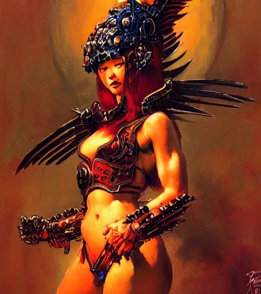 Image similar to portrait of strong korean female chaos angel, beautiful! coherent! by frank frazetta, by brom, strong line, vivid neon color, spiked scrap metal armor, iron helm, high contrast, maximalist