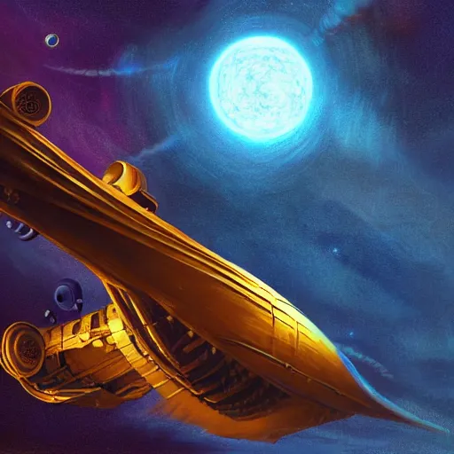 Image similar to cinematic shot long space ship flying in deep space golden hull long golden tentacles steampunk style atmosferic retro style ames eads casper david friedrich raphael lacoste vladimir kush tim white leis royo michael whelan bruce pennington volumetric light effect broad light oil painting painting fantasy art style sci - fi art style realism artwork unreal engine