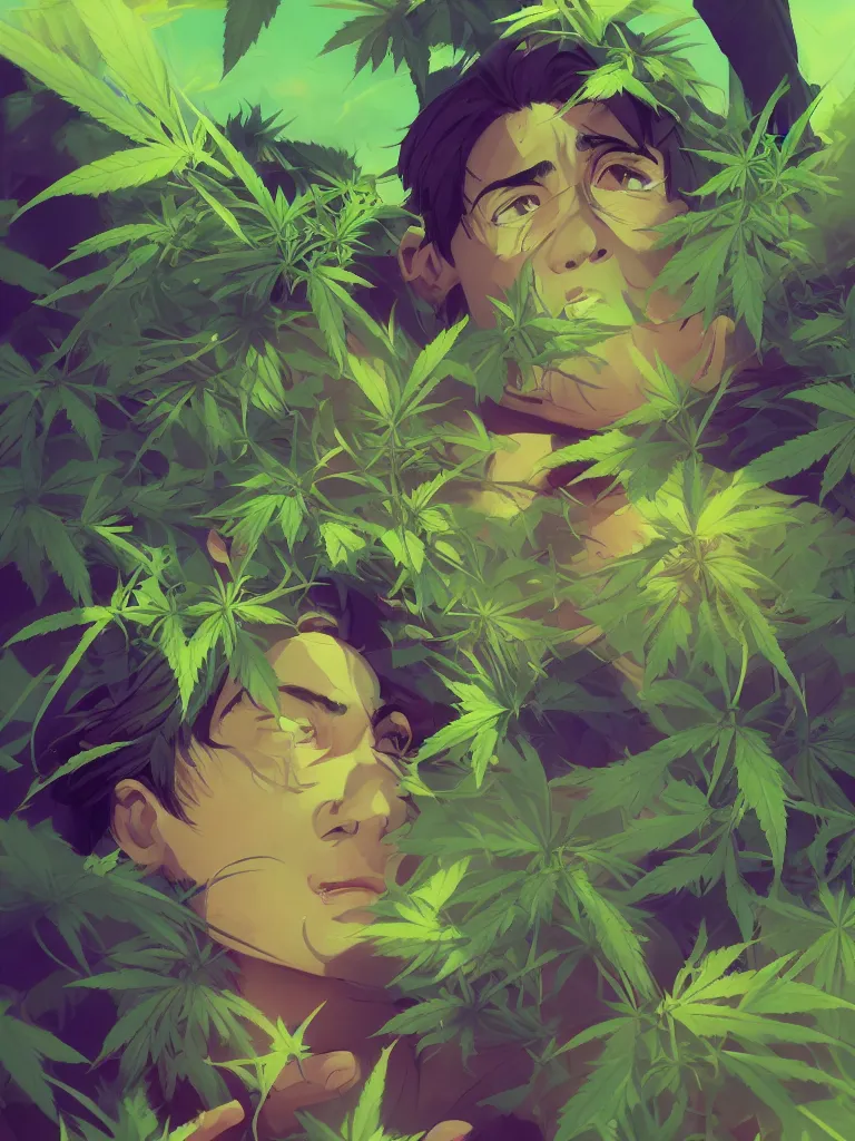 Image similar to kid with green purple flowers of marijuana hemp cannabis, behance hd by jesper ejsing, by rhads, makoto shinkai and lois van baarle, ilya kuvshinov, rossdraws global illumination, golden ratio, symmetrical beauty face