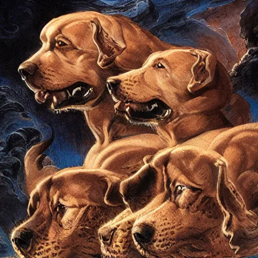 Prompt: hyperdetailed matte art of a three headed dog cerberus by william blake, greg rutkowski, amano, rene magritte, craig mullins, three headed dog cerberus, details