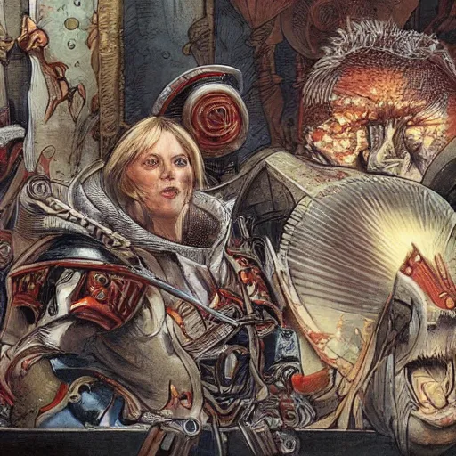 Image similar to a beautifully detailed warhammer 4 0 k portrait of angela merkel as inquisitor. western comic art by moebius.