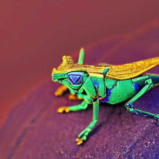 Prompt: macro photography of blue and gold grasshopper, bokeh, glowing fog, trending on artstation