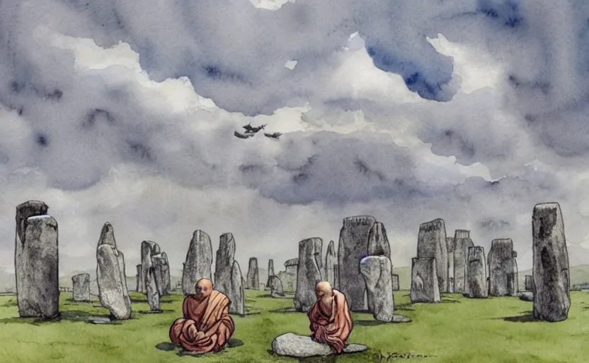 Image similar to a hyperrealist watercolor fantasy concept art of giant monk with a long forehead in grey robes sitting in stonehenge. several large stones are floating in the air. in the background a large ufo is in the sky. by rebecca guay, michael kaluta, charles vess