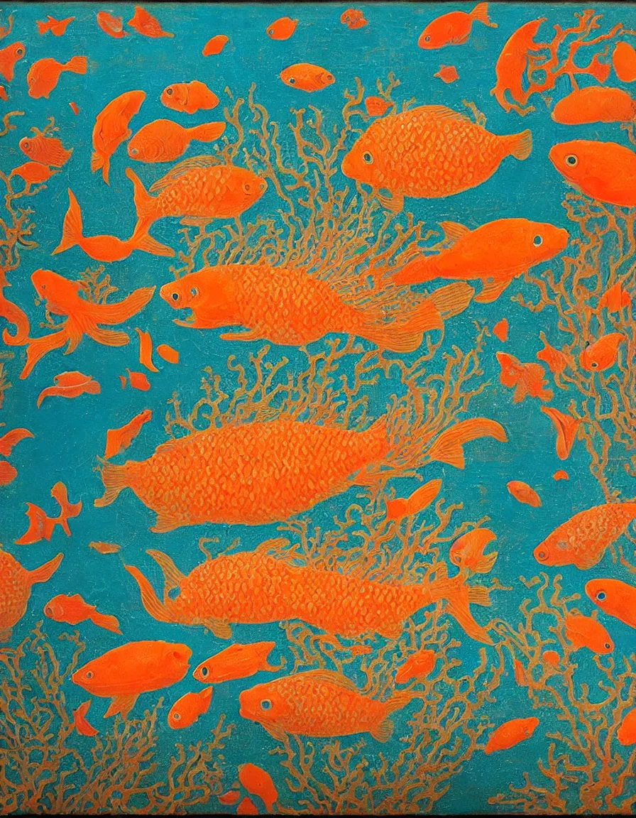 Image similar to transparent vase of coral in the sky and under the sea decorated with a dense field of stylized scrolls that have opaque orange outlines, with colorful shells and orange fishes, ambrosius benson, oil on canvas, hyperrealism, light color, no hard shadow, around the edges there are no objects