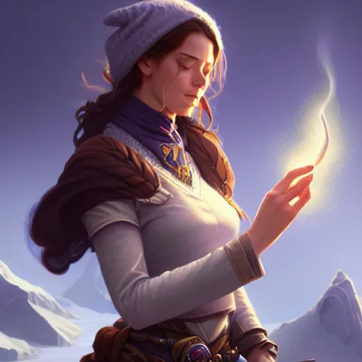 Image similar to female, wizard, smoking, glacier landscape, norway, D&D, fantasy, intricate, elegant, highly detailed, digital painting, artstation, octane render, concept art, matte, sharp focus, illustration, hearthstone, art by Artgerm and Greg Rutkowski and Alphonse Mucha