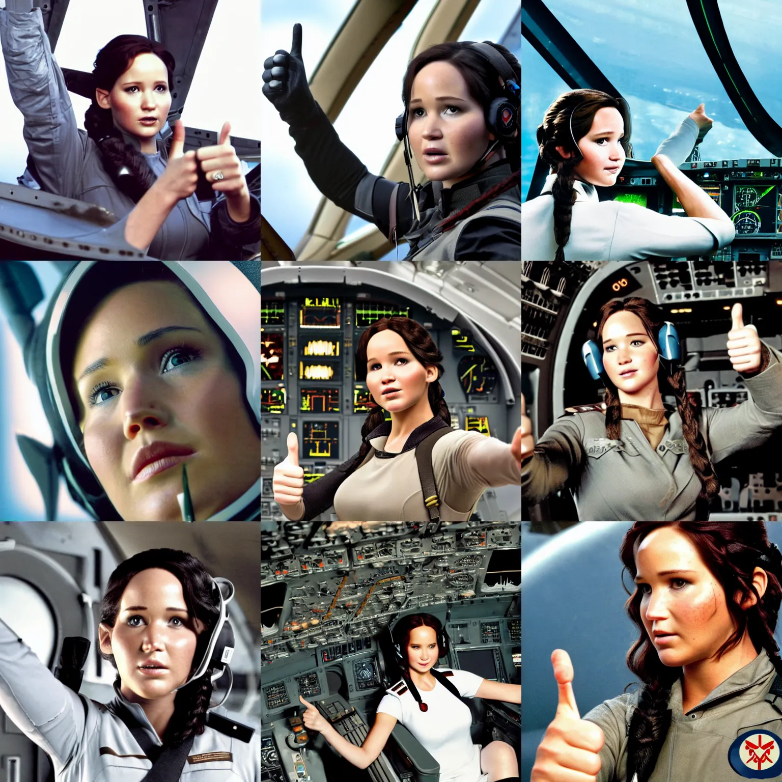 Prompt: Stock photo of Katniss Everdeen as a pilot, giving a thumbs up, in the cockpit of a Boeing 747