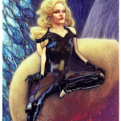 Prompt: odile the dark swan queen, black feathers instead of hair, feathers growing out of skin, black bodysuit, moulting, suspended in zero gravity, on spaceship with cables hanging down, highly detailed, mike mignogna, ron cobb, mucha, oil painting