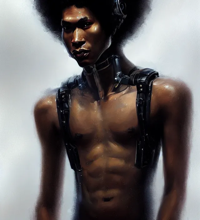 Image similar to portrait of a man by greg rutkowski, he is about 2 5 years old, mixture between afroamerican and japanese, afro hair, geisha tatoos, very tall and slender, he is wearing a futuristic police gear, highly detailed portrait, digital painting, artstation, concept art, smooth, sharp foccus illustration, artstation hq