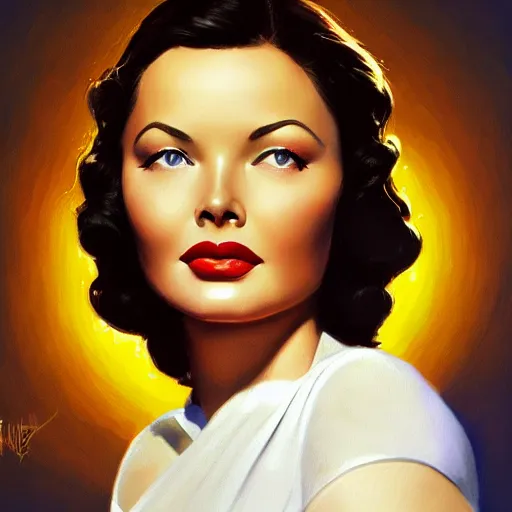 Image similar to young beautiful Gene Tierney color studio publicity photo , tight face shot portrait, highly detailed, digital painting, artstation, concept art, sharp focus, illustration, art , by norman rockwell