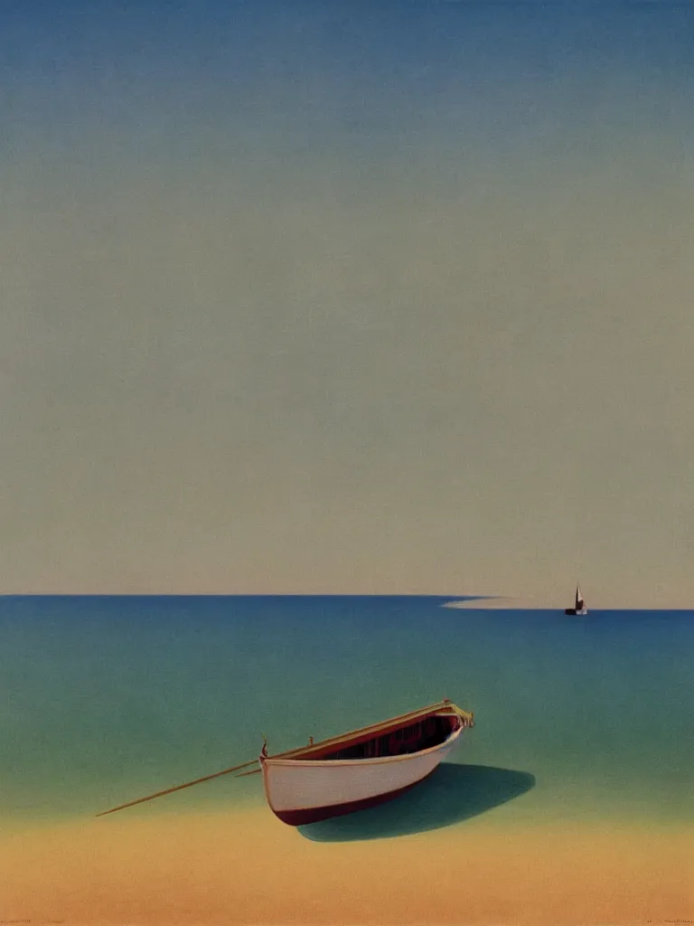 Image similar to a neo retro poster a boat near dune du Pilat, australian tonalism, pale gradients design, matte drawing, clean and simple design, outrun color palette. painted by Morandi, Agnes Pelton