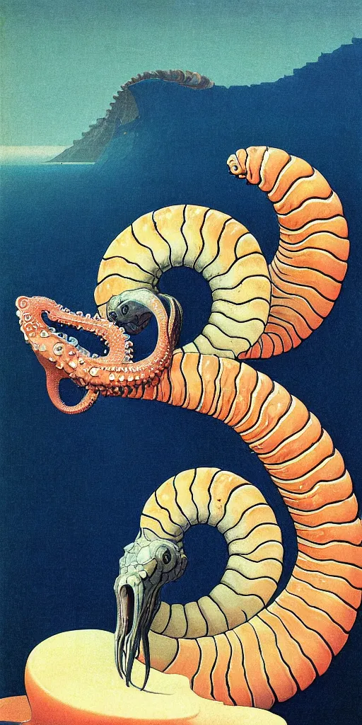 Image similar to portrait of the ammonite skesis supermodel clad in coral armor biting into a juicy squid, by kawase hasui, dorothea tanning, moebius, edward hopper and james gilleard, aivazovsky, zdzislaw beksinski, steven outram colorful flat surreal design