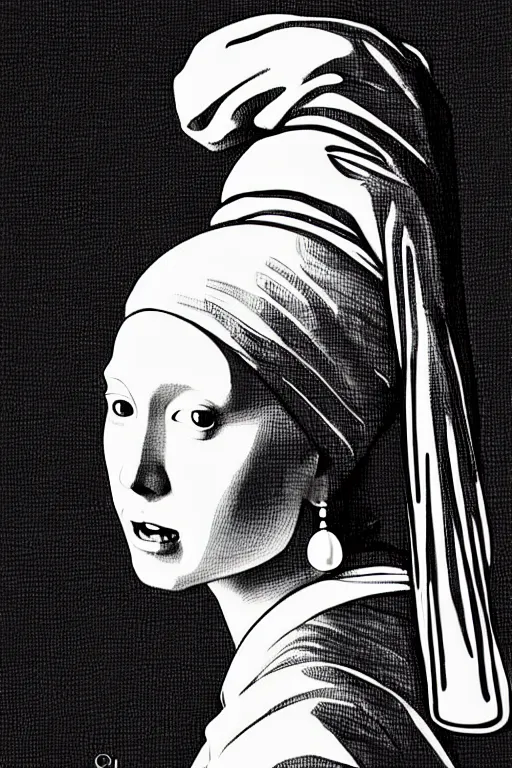 Image similar to beautiful portrait of a woman, negative no not the girl with a pearl earring, highly detailed ink illustration of a narrow neon lit tokyo alley, b & w clean shaped illustration by kim jung gi, ric estrada, ron english and eiichiro oda