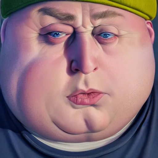 Image similar to hyperrealistic mixed media image of obese eric cartman, stunning 3 d render inspired art by greg rutkowski and xiang duan and thomas eakes, perfect facial symmetry, flesh texture, realistic, highly detailed attributes and atmosphere, dim volumetric cinematic lighting, 8 k octane detailed render, post - processing, masterpiece,