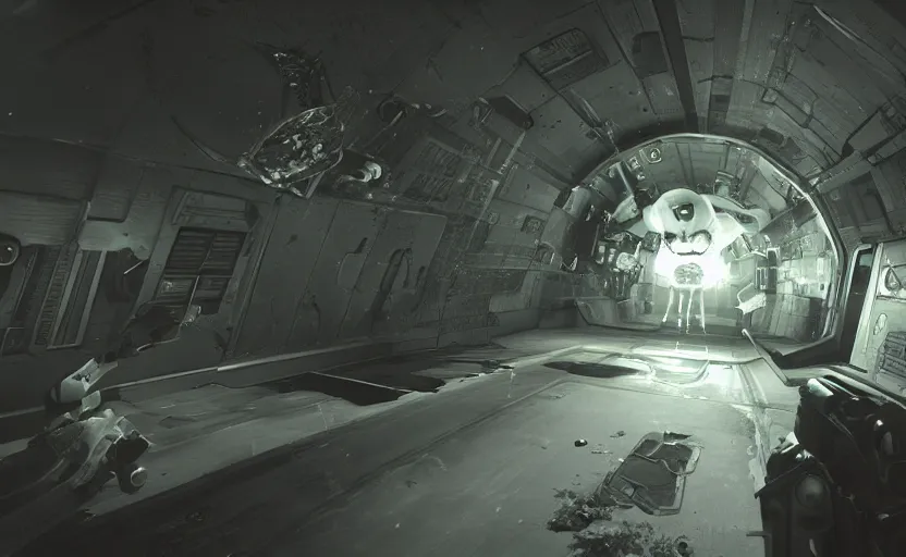 Prompt: in - game screenshot, horror game, astronaut, cosmic horror, inside spaceship, unreal engine 5, ultra, third person