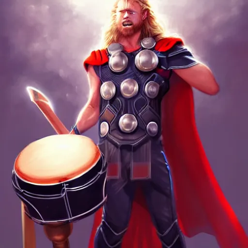 Image similar to thor playing the bongos, comic style by guweiz and stanley artgerm, extremely high quality artwork, very detailed, trending on artstation