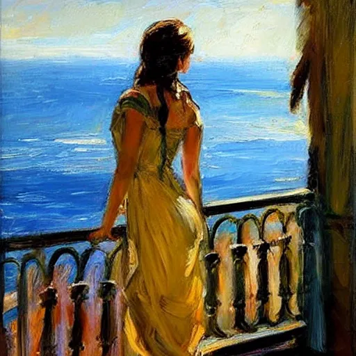 Prompt: the maiden standing on the balcony overlooking the aegean sea by andrew atroshenko impressionist portrait