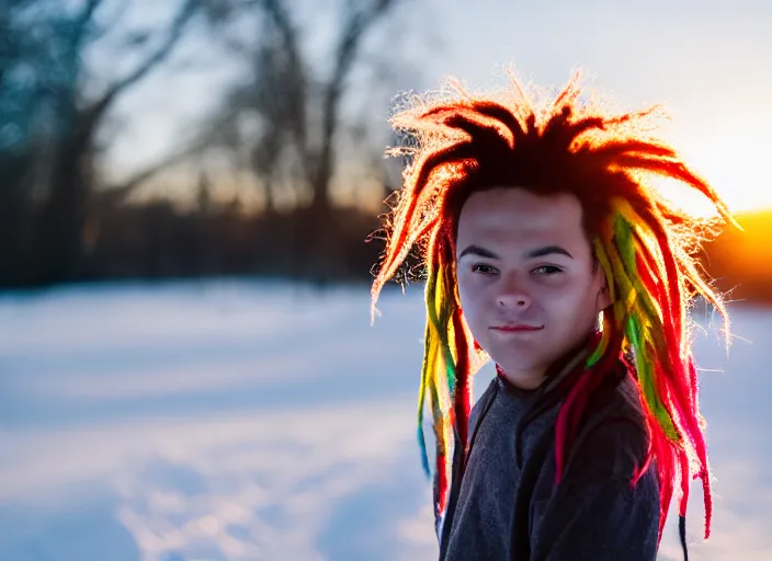 Image similar to dslr photo portrait of a boy, with colored dread hair in snow, sunrise, 8 k, 8 5 mm f 1. 4