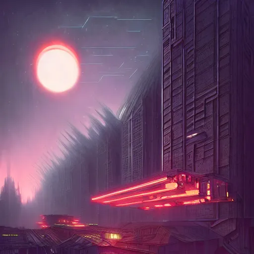 Image similar to highly detailed brutalist architecture city, star wars imperial style, neon lights, dramatic sky, stephen bliss, unreal engine, fantasy art by greg rutkowski, loish, rhads, ferdinand knab, makoto shinkai, ilya kuvshinov, rossdraws, global illumination, radiant light, detailed and intricate environment