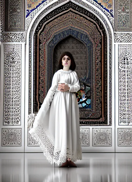 Prompt: a full body portrait of a woman wearing an billowing doily dress, inside a white iranian marble temple, in the style of irakli nadar, soft lighting, film photography, face in the style of irakli nadar