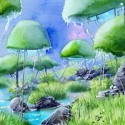 Image similar to beautiful happy picturesque charming sci - fi organic pod - like homes of the future in a beautiful natural scene. water, trees and rocks. beautiful light. soft colour scheme. beautiful artistic detailed watercolor by lurid. ( 2 0 2 2 )