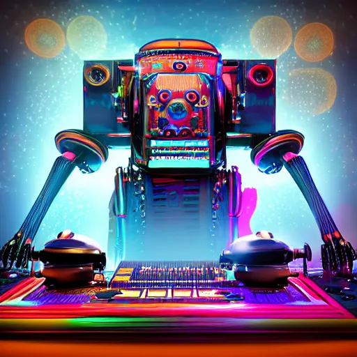 Image similar to album art, name is roborock, 3 steampunk futuristic robots on a dj desk with a cd mixer, 8 k, flourescent colors, halluzinogenic, multicolored, exaggerated detailed, front shot, 3 d render, octane